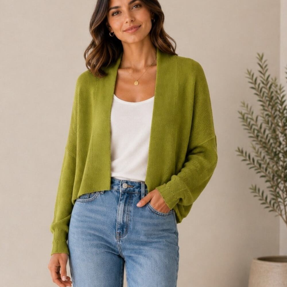 Theory Otto Crop Cardigan M Green Cotton Cashmere Open Front Sweater Knit